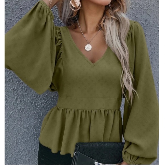 Boho lantern sleeve ruffle hem blouse khaki - Picture 13 of 14